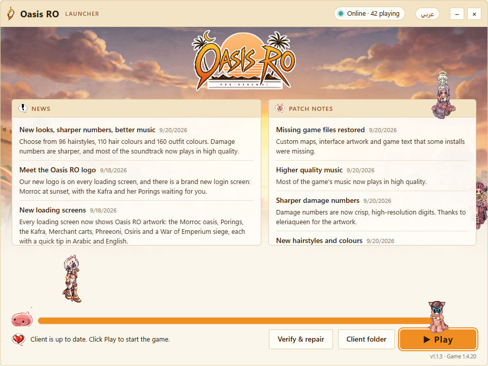The Oasis RO launcher showing news and patch notes